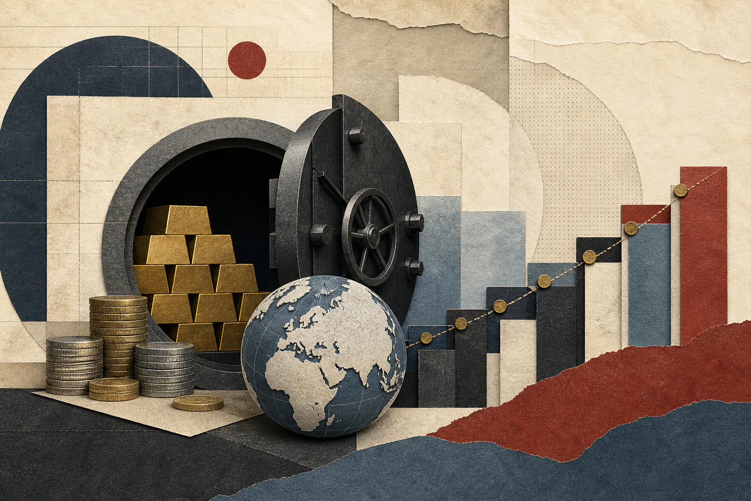 Бумажный коллаж с банковским хранилищем, золотыми слитками, глобусом и растущей диаграммой